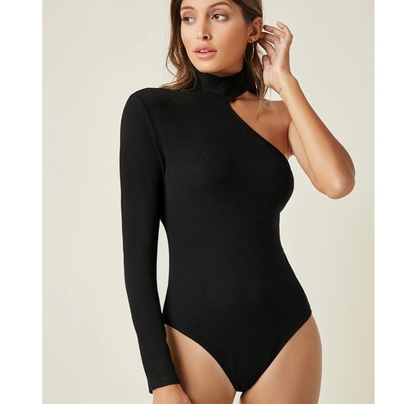 Asymmetrical Black One Shoulder Long Sleeve High Neck Slim Bodysuit - Picture 1 of 6